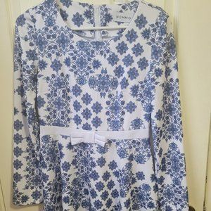 Blue and white patterned dress with front bow